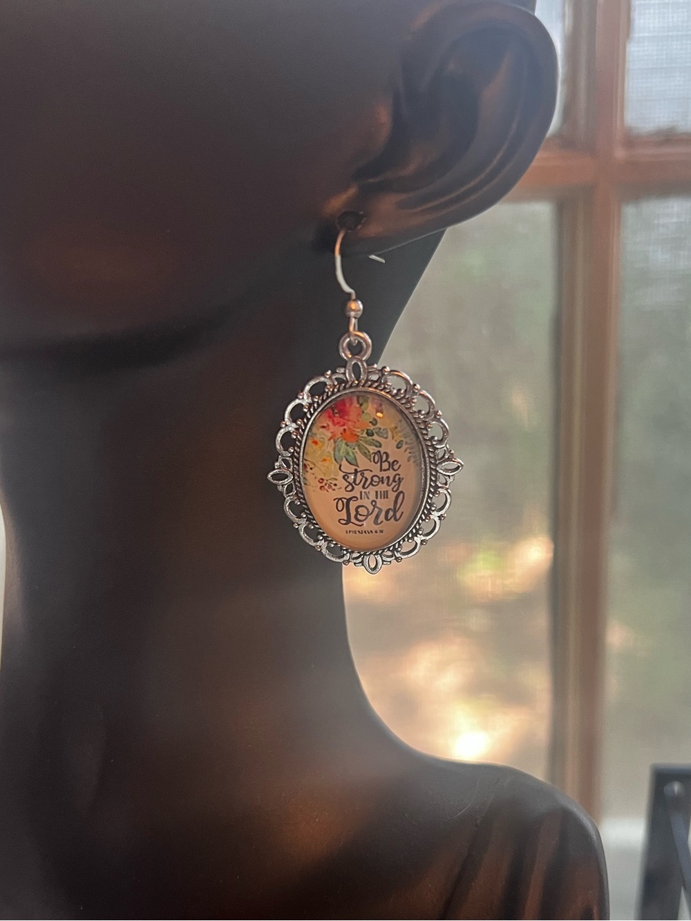 "Be Strong in the Lord" Oval Dangle Floral Earrings - Silver Tone - Picture 2 of 2